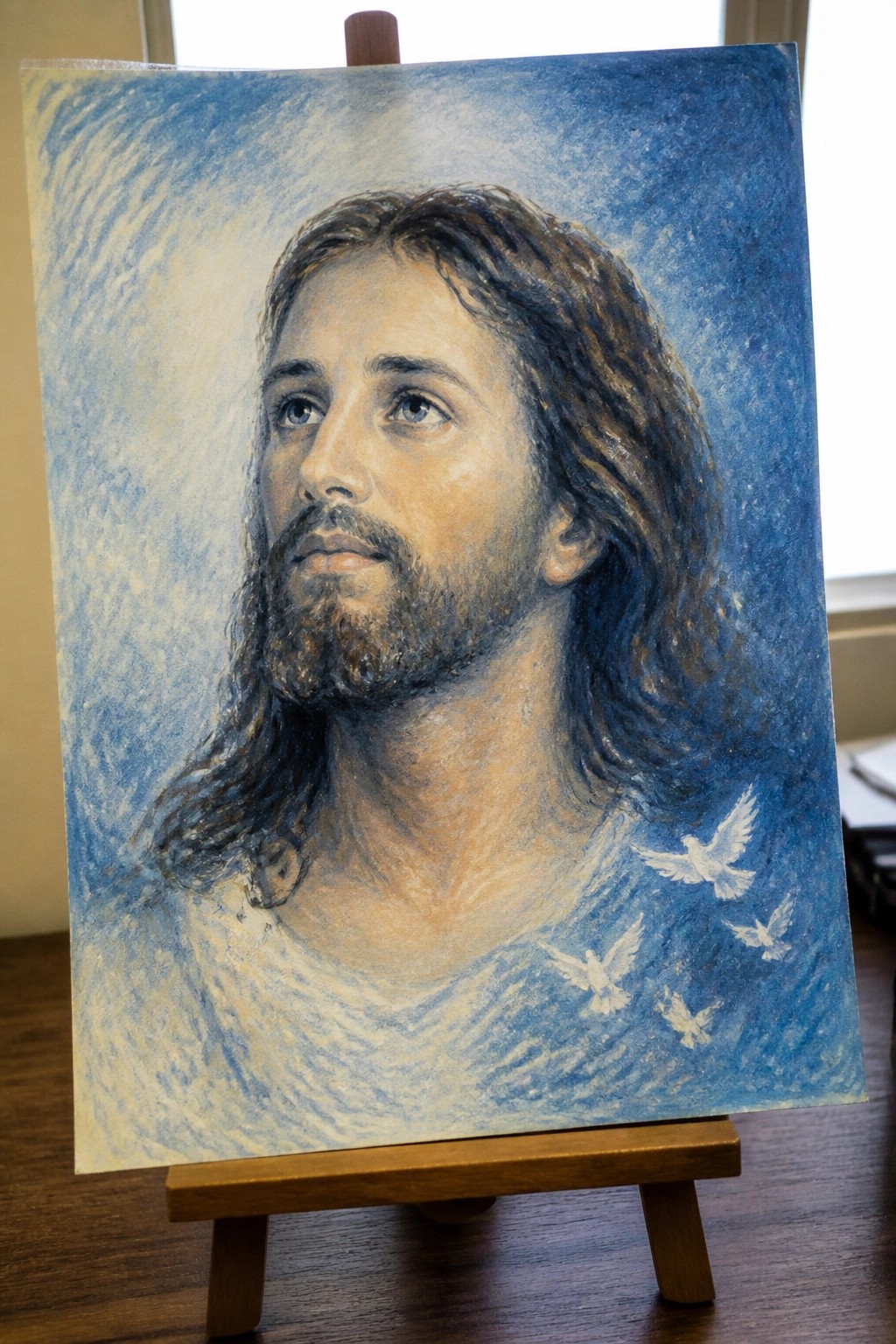 A painting of Jesus with long hair and beard looking upward against a blue background with three small white doves near his shoulder, shown on a wooden easel.