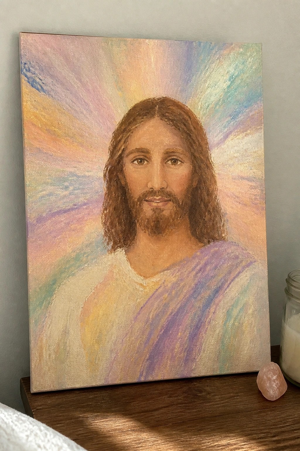 Bearded Jesus with long brown hair in white-purple robe against colorful radiating rays