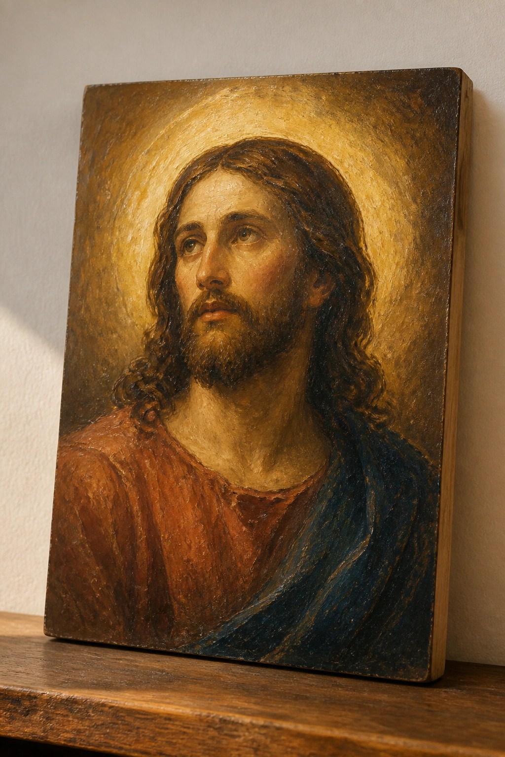 Oil painting of Jesus with long hair, beard, red tunic, blue cloak, and golden halo.