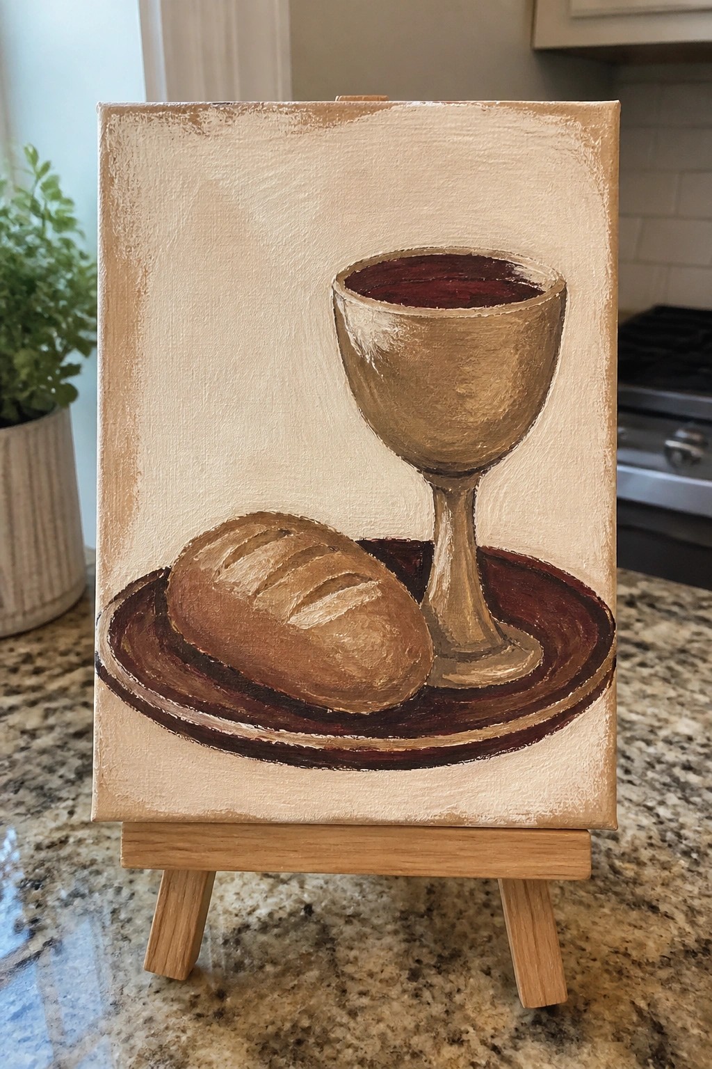 Rustic painting of bread loaf and red wine goblet on plate atop wooden easel