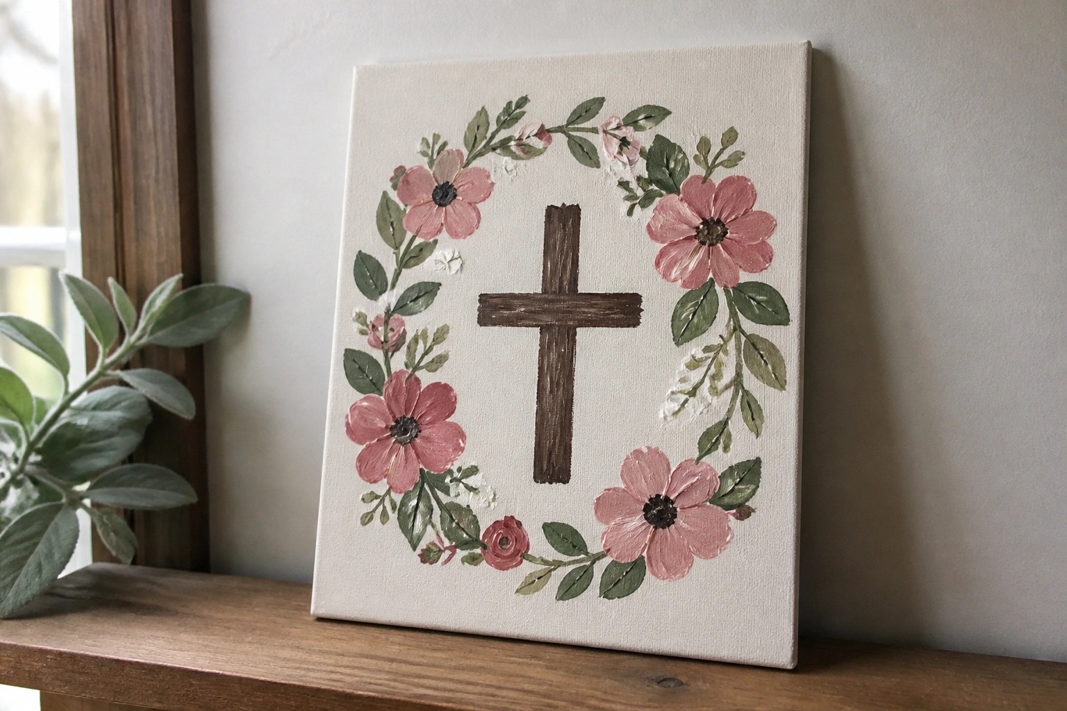 Floral wreath of pink roses and green leaves encircling brown cross on white canvas
