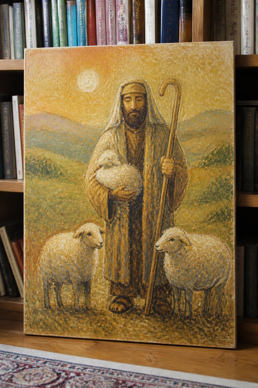 Oil painting of robed shepherd with staff and lamb beside two sheep in golden landscape