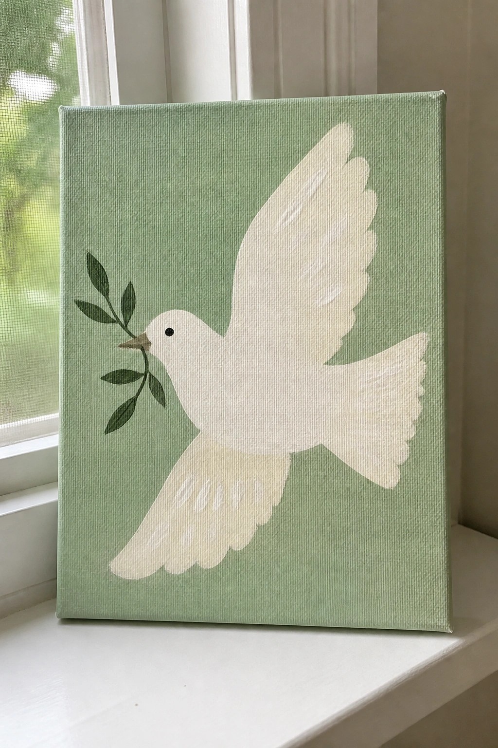 White dove in flight holding olive branch on light green canvas by window
