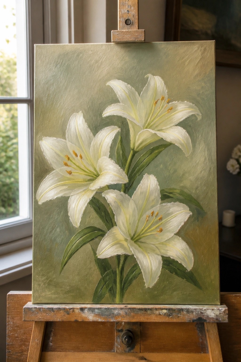 White lilies painted on canvas atop a wooden easel in soft light