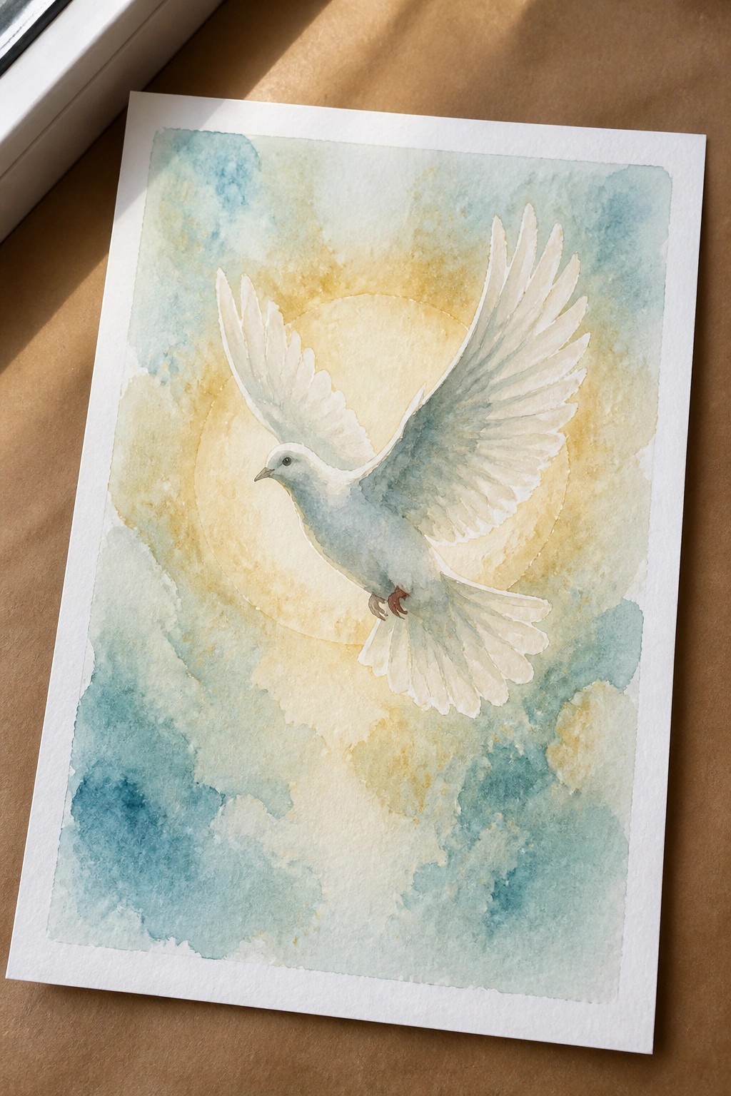Watercolor of white dove soaring with spread wings amid soft blue and yellow clouds around a golden sun.