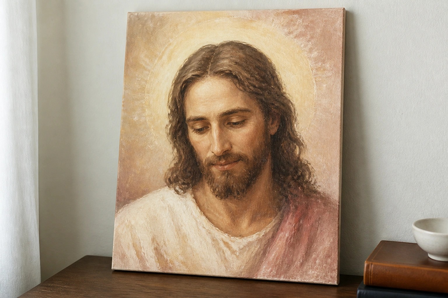 Oil painting of Jesus with closed eyes, halo, and robes on wooden table