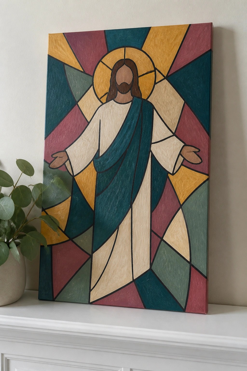 Stained-glass style painting of Jesus in white robe and teal sash with halo.