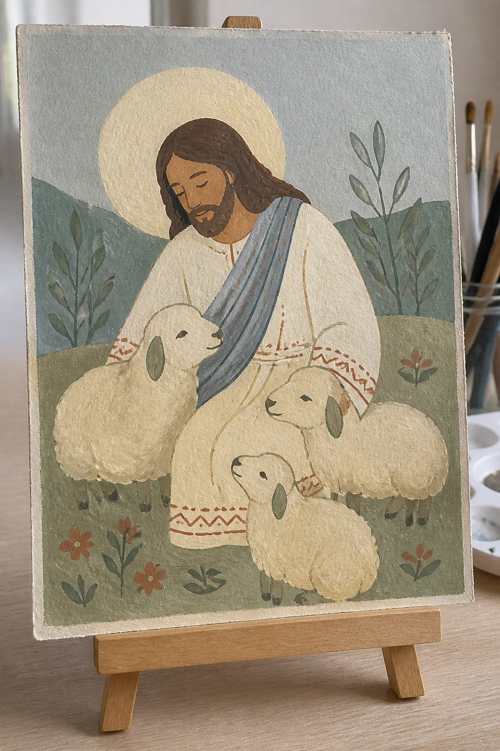 Jesus with halo in white robe and blue sash beside three lambs on green hills