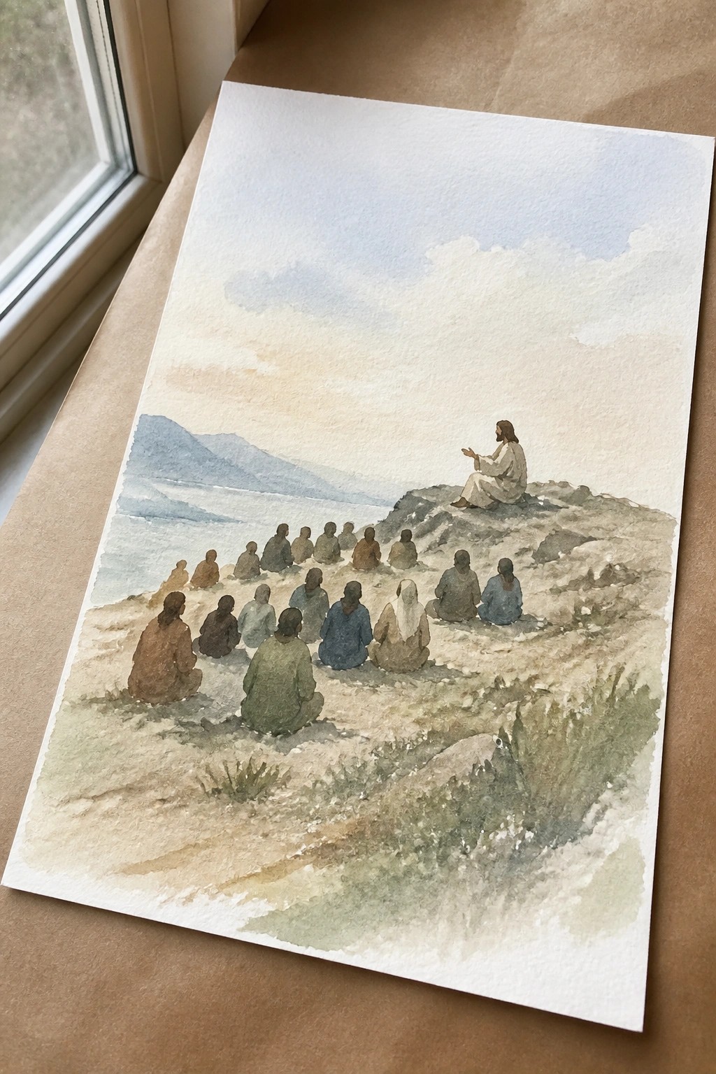 Watercolor of Jesus in white robe teaching robed followers on a seaside rocky hillside.
