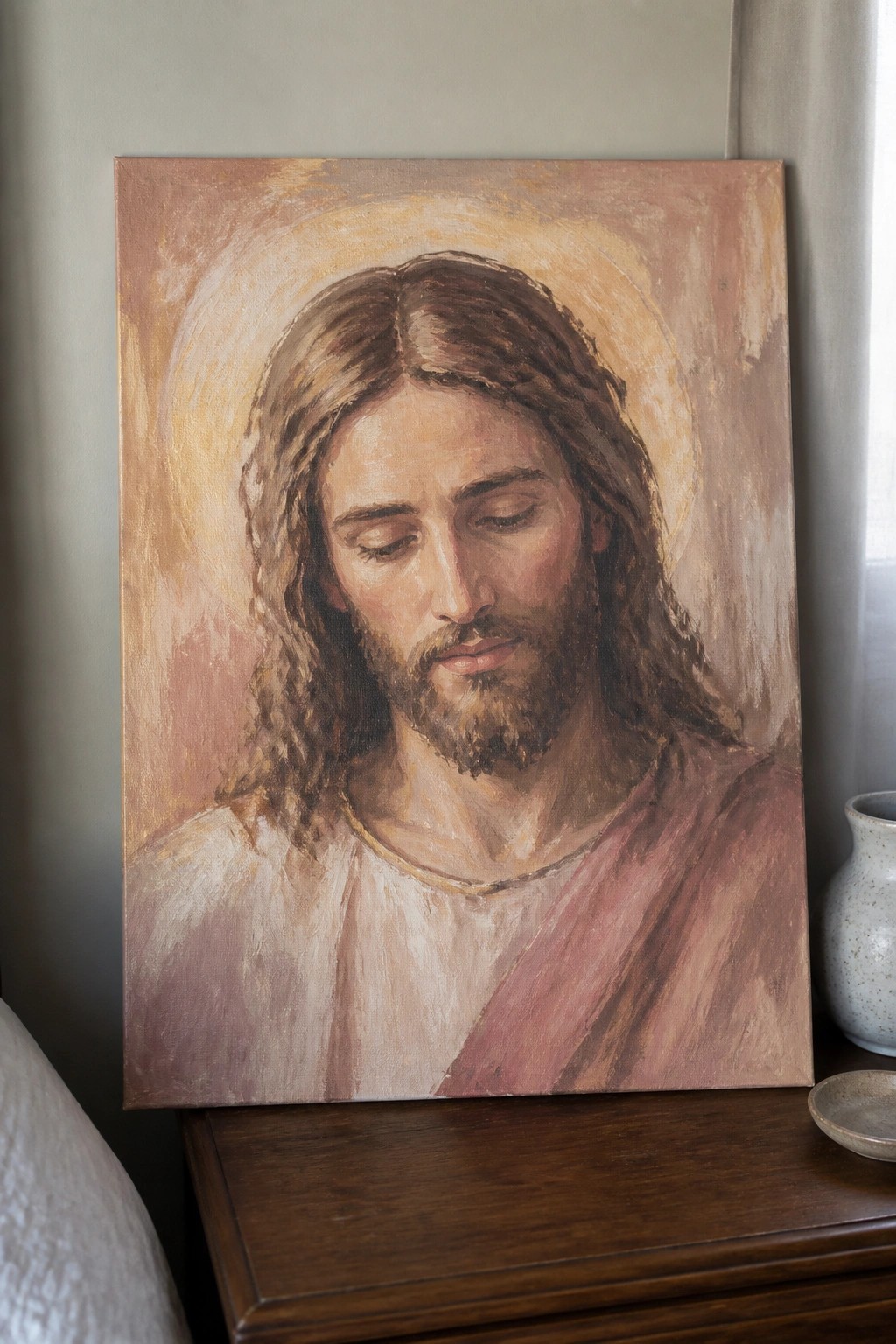 Oil painting of Jesus with closed eyes, halo, and robes on wooden table