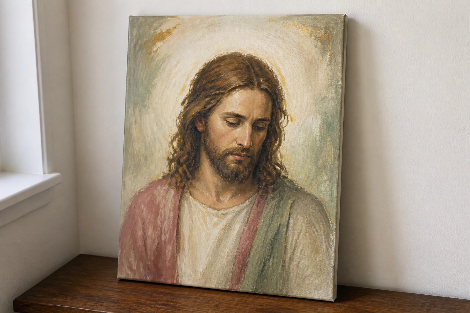 Oil painting of Jesus with long brown hair, beard, golden halo, white robe and pink sash.