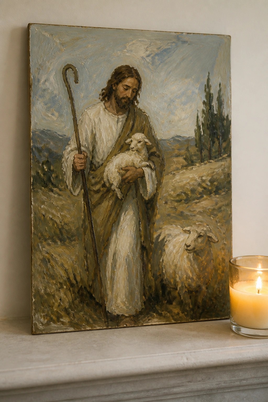 Oil painting of robed Jesus holding lamb and staff beside glowing candle