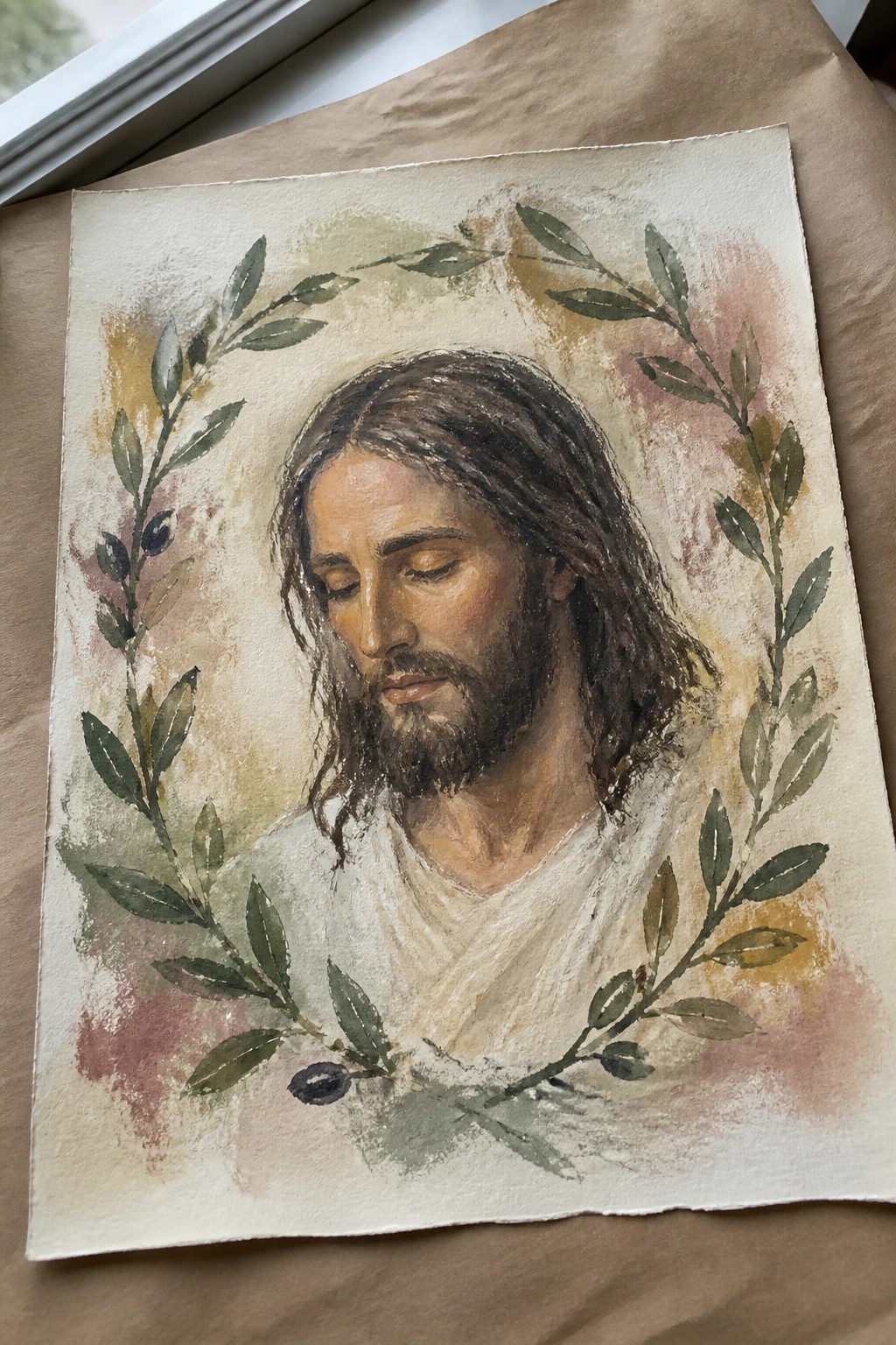 Watercolor portrait of Jesus with closed eyes, framed by olive branch wreath.