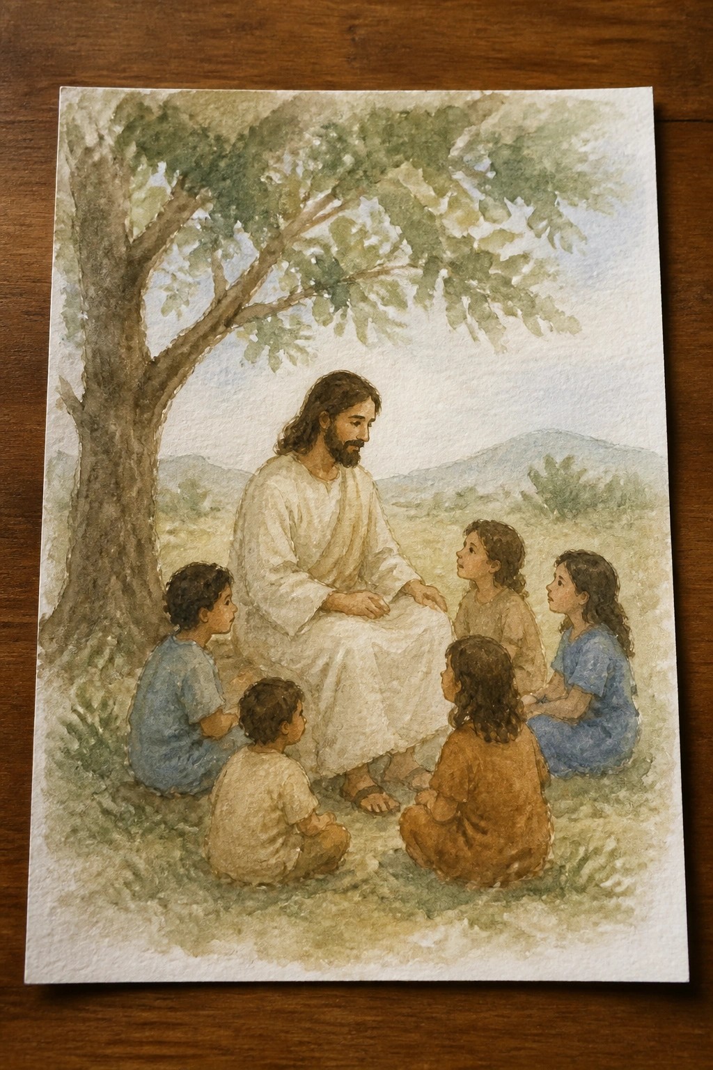 Watercolor of Jesus in white robe with children seated under a tree in landscape.