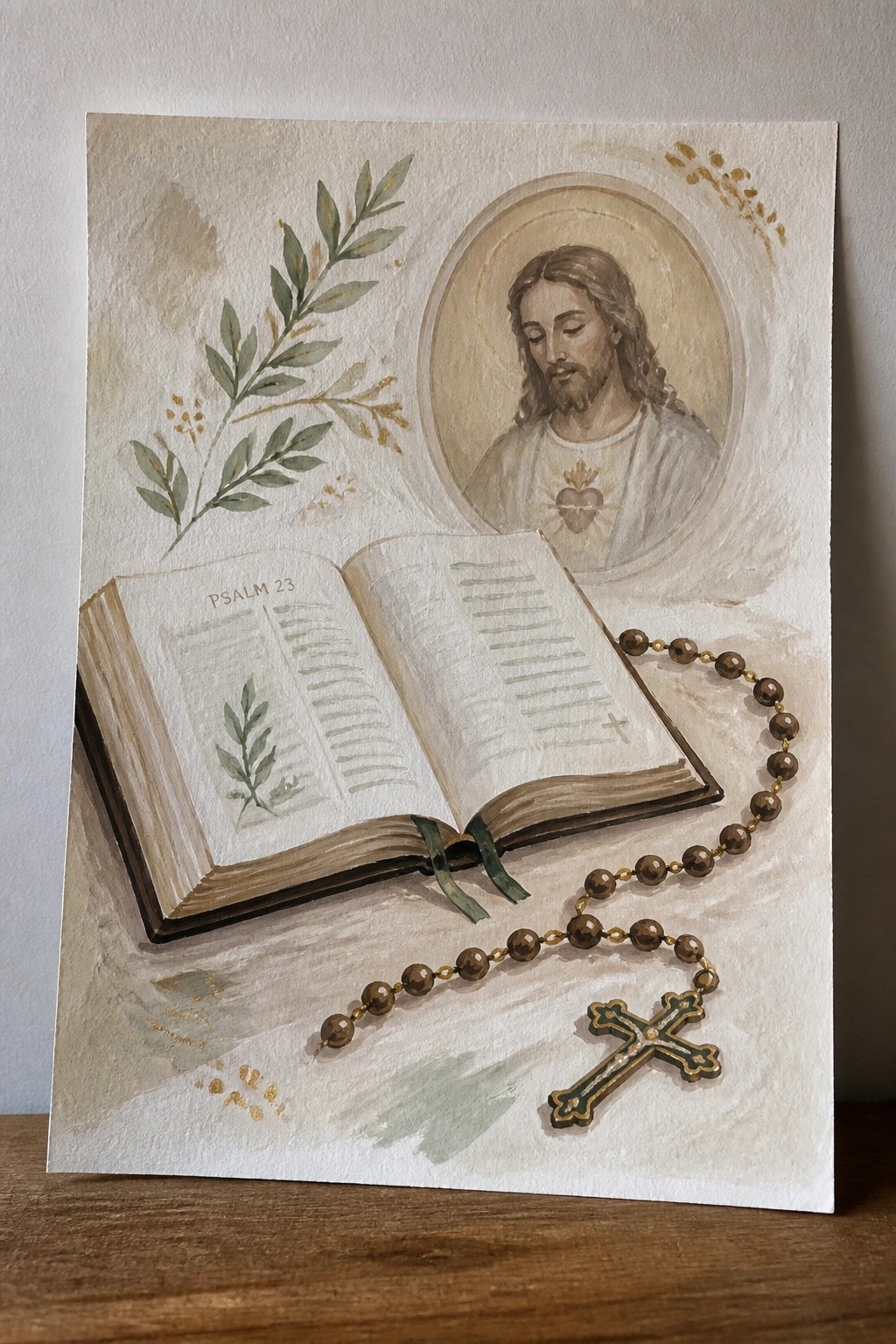Watercolor of open Psalm 23 Bible with brown rosary and Jesus portrait
