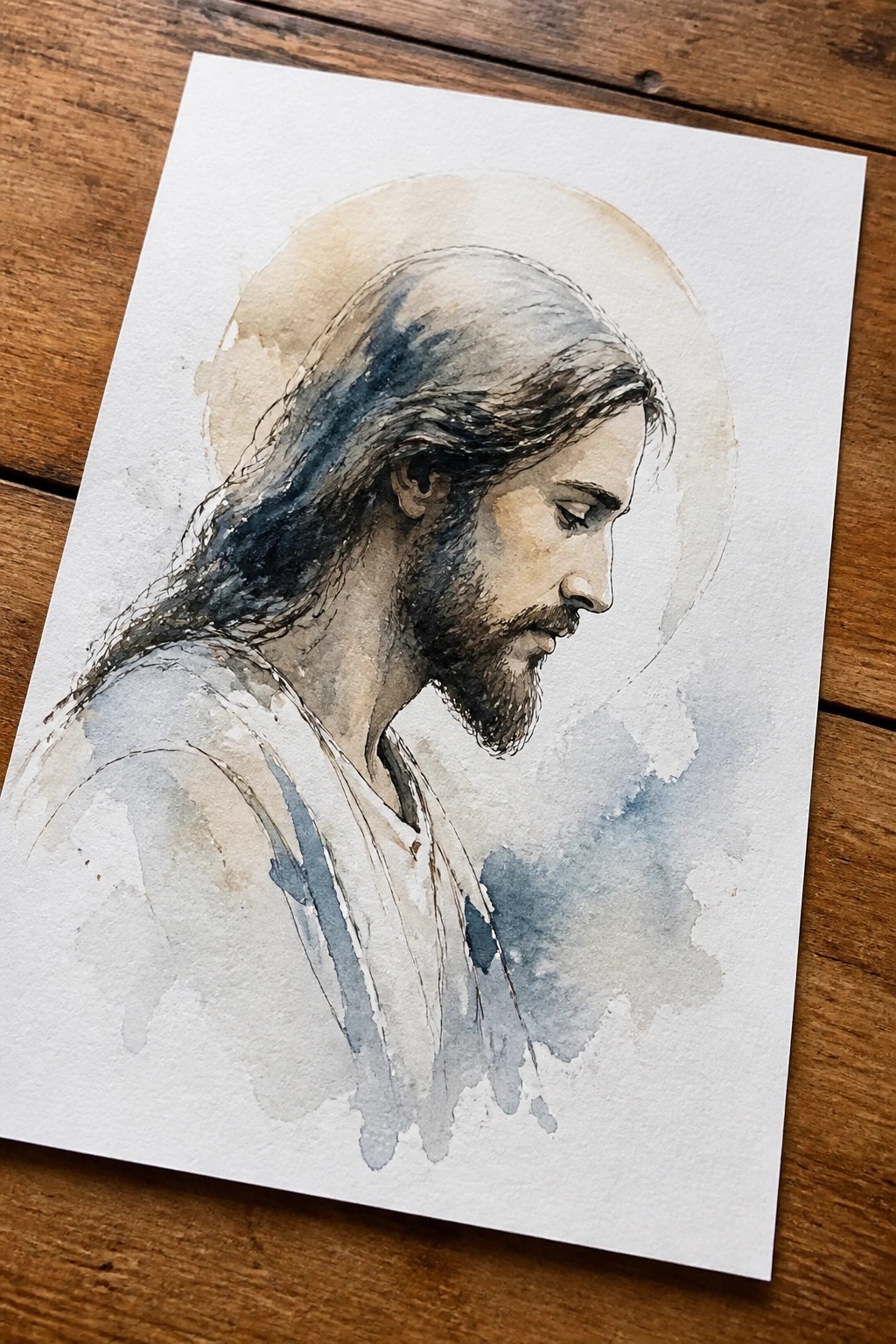Watercolor profile of Jesus with long hair, beard, halo, and white robes