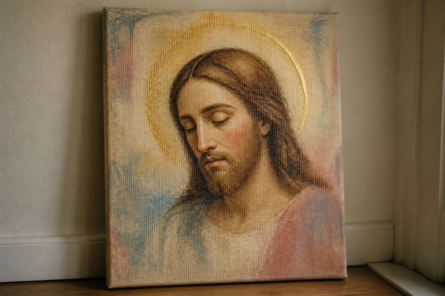 Canvas painting of Jesus with golden halo, closed eyes, long hair and blue robes.