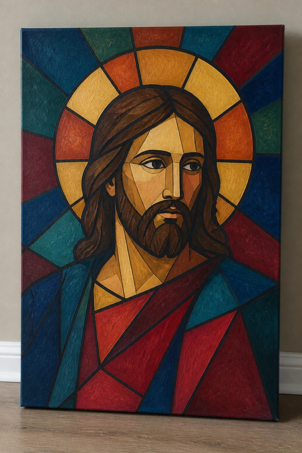 Stained-glass mosaic portrait of Jesus with halo, long hair, and colorful robes