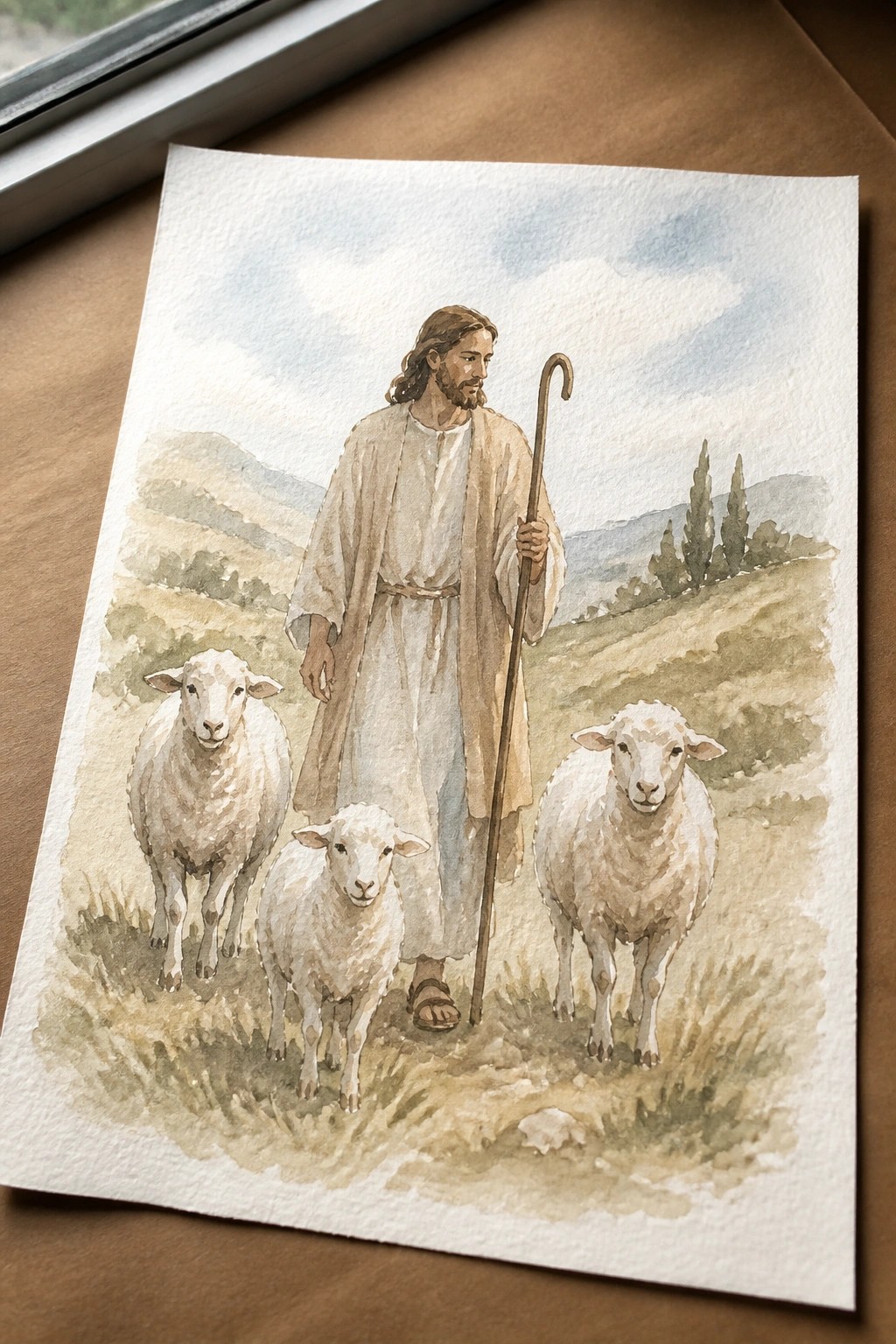 Watercolor of Jesus in robes holding staff with three sheep on grassy hillside