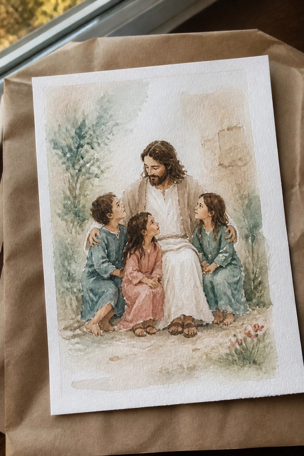 Watercolor of Jesus in white robes with three children in blue and pink tunics outdoors