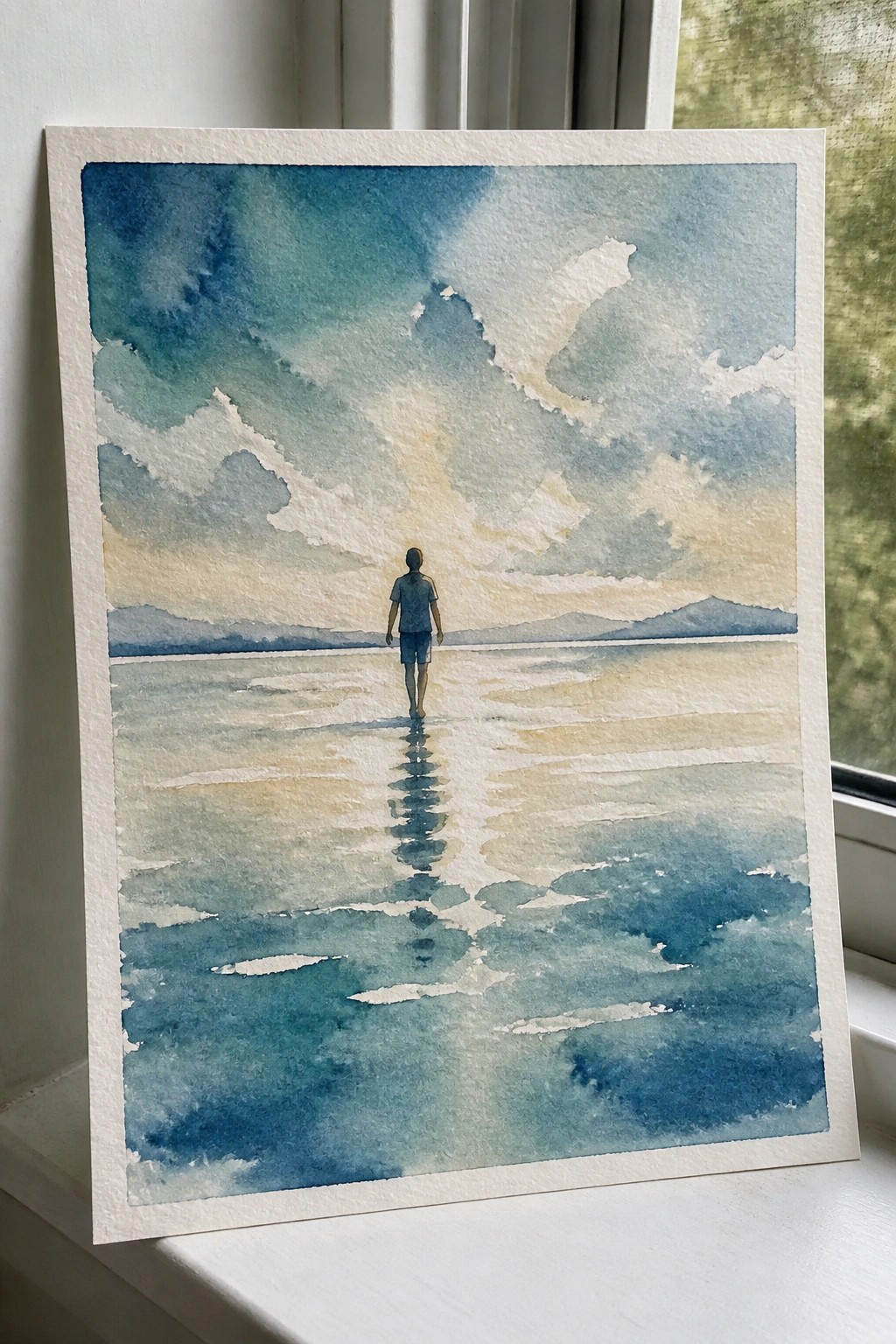 Watercolor of person in blue shirt walking on reflective beach toward distant mountains under clouds.