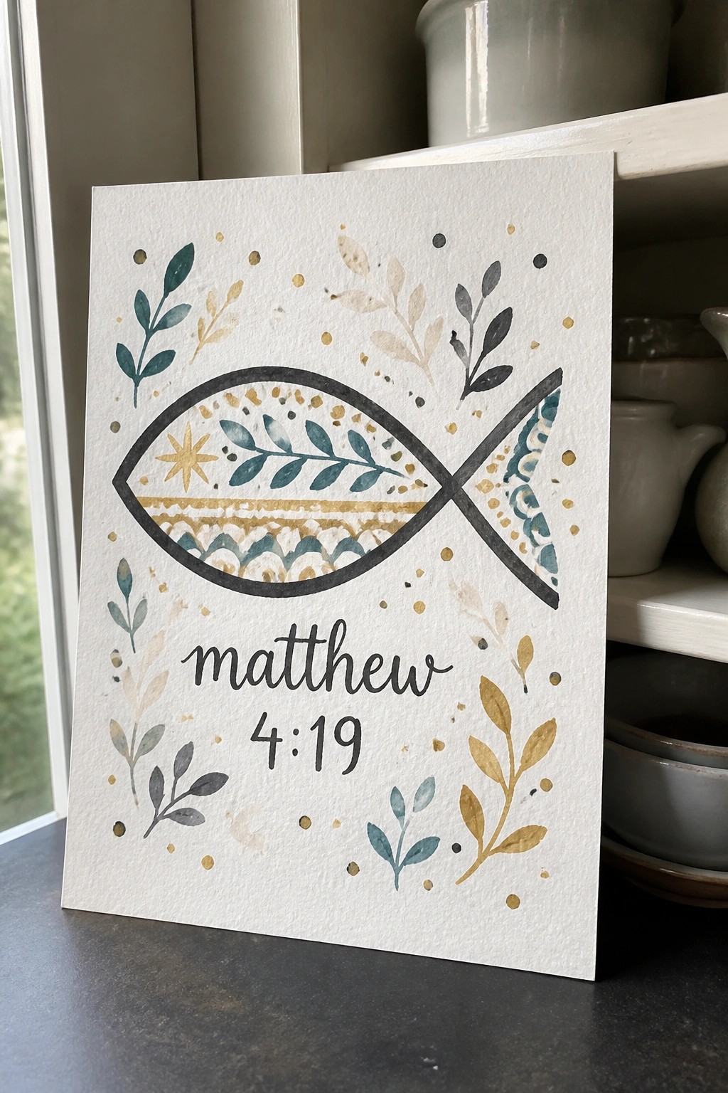 Watercolor ichthys fish card with gold-teal patterns, leaves, and 