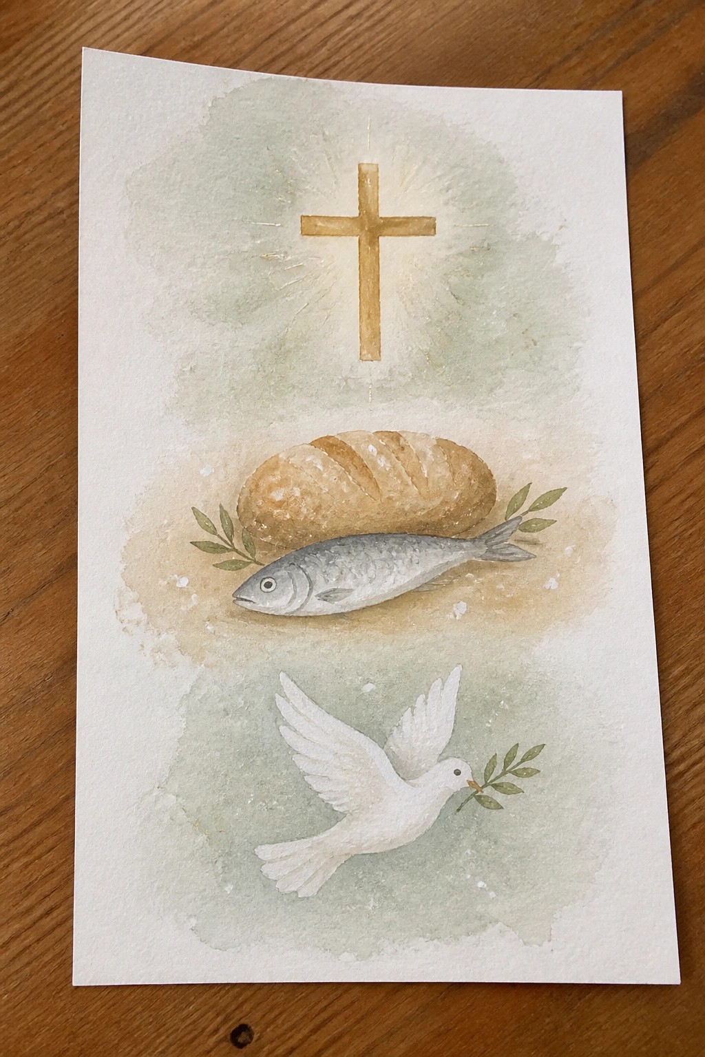 Watercolor with golden cross above bread and fish, white dove flying below