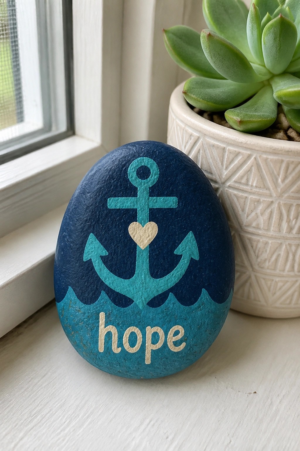 Painted rock with teal anchor, gold heart, waves, and 