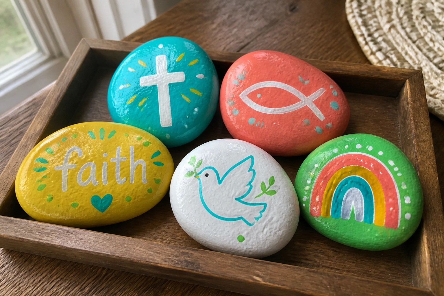 Five colorful painted rocks with cross, fish, dove, rainbow and faith in wooden bowl.