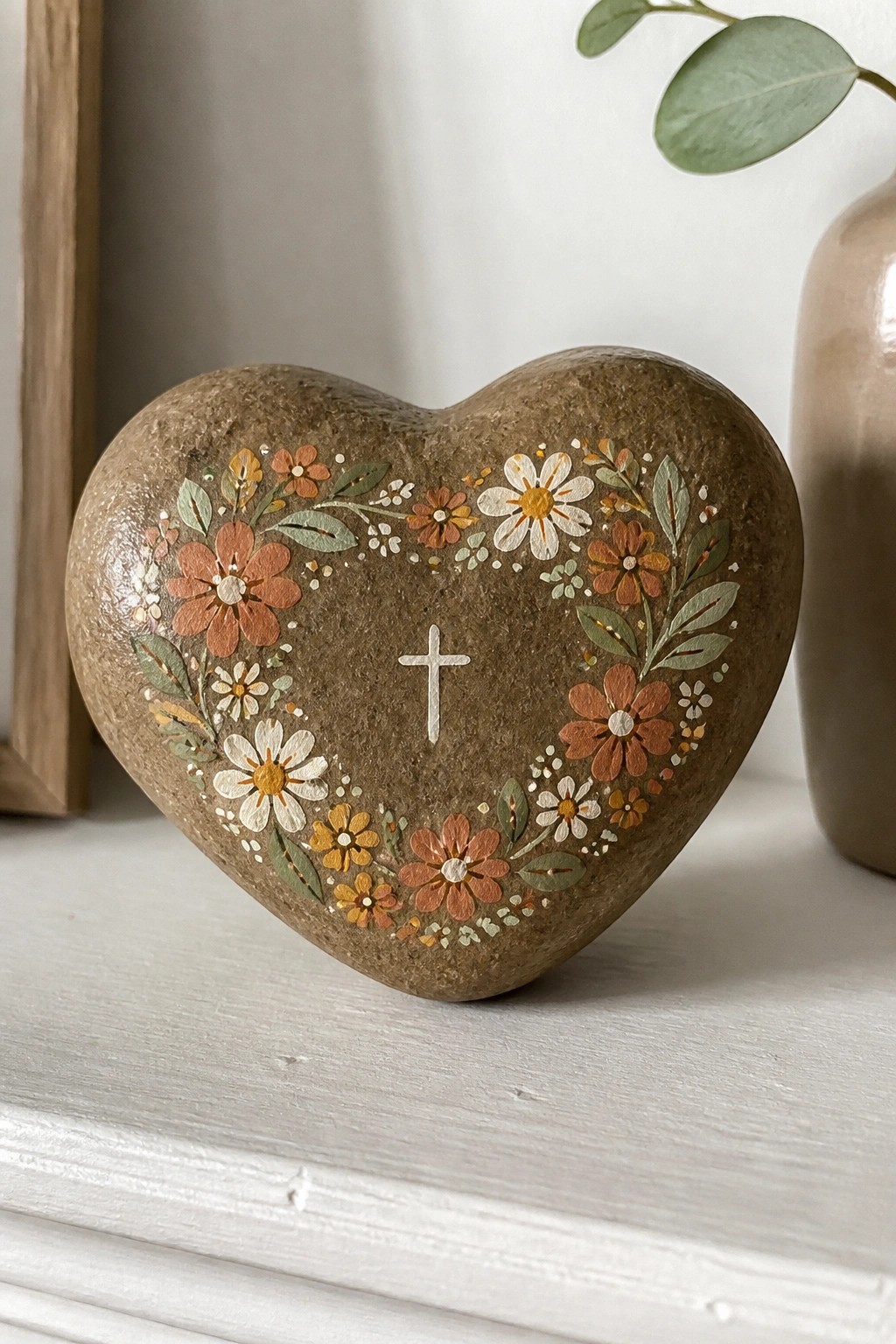 Heart-shaped stone with colorful floral wreath and white cross on white surface