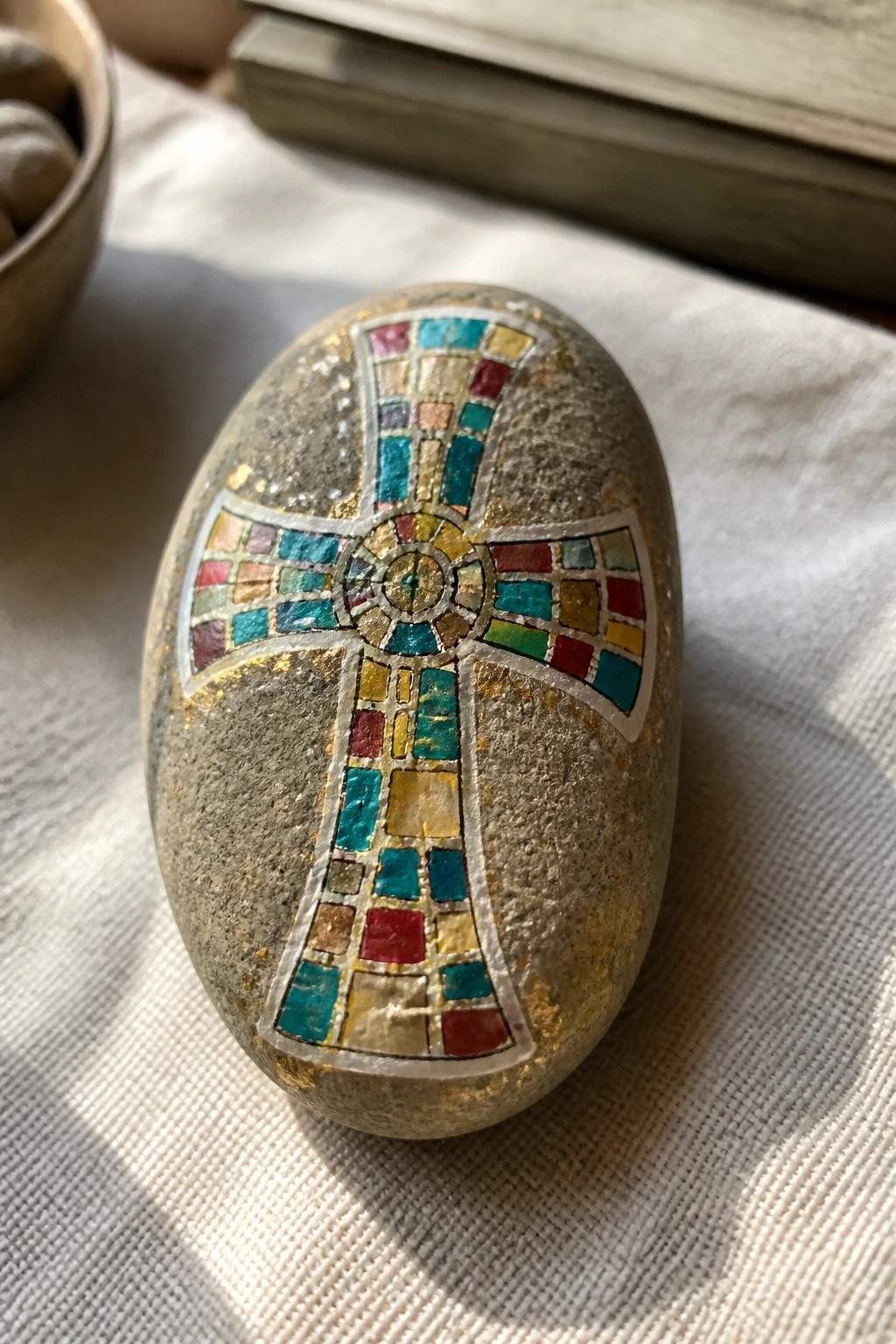 Oval gray stone with vibrant mosaic cross in gold, teal, and red on white fabric