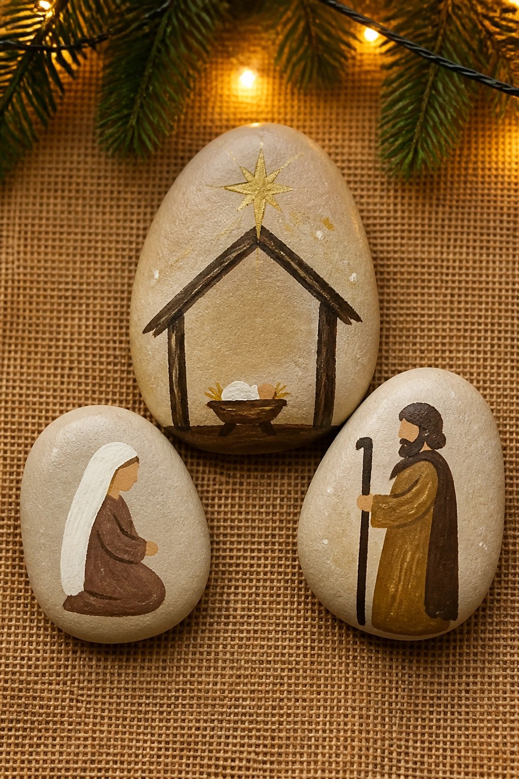 Three painted rocks depict Mary, Joseph, and manger under golden star.