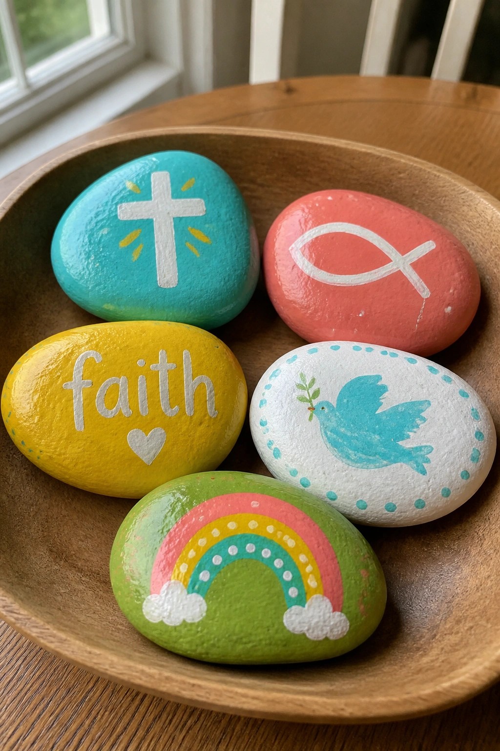 Five colorful painted rocks with cross, fish, dove, rainbow and faith in wooden bowl.