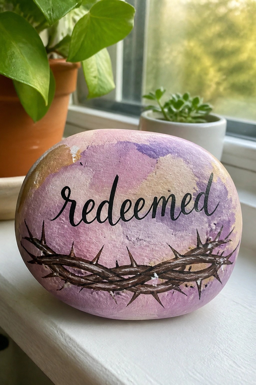 A painted rock with the word redeemed in black script above a brown crown of thorns on a purple and pink background.