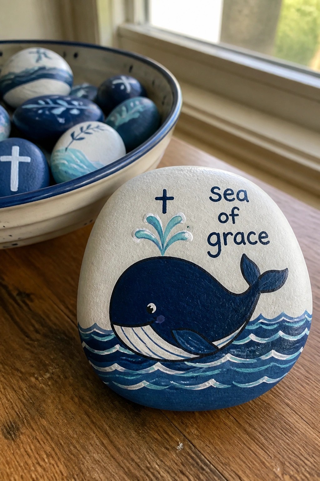 Painted rock with blue whale, waves, cross, and 