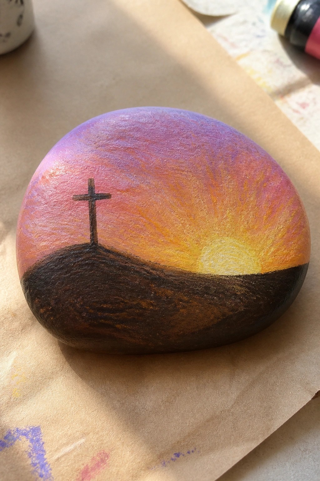 Painted rock with purple-pink sunset sky, glowing sun, dark hill, and black cross.