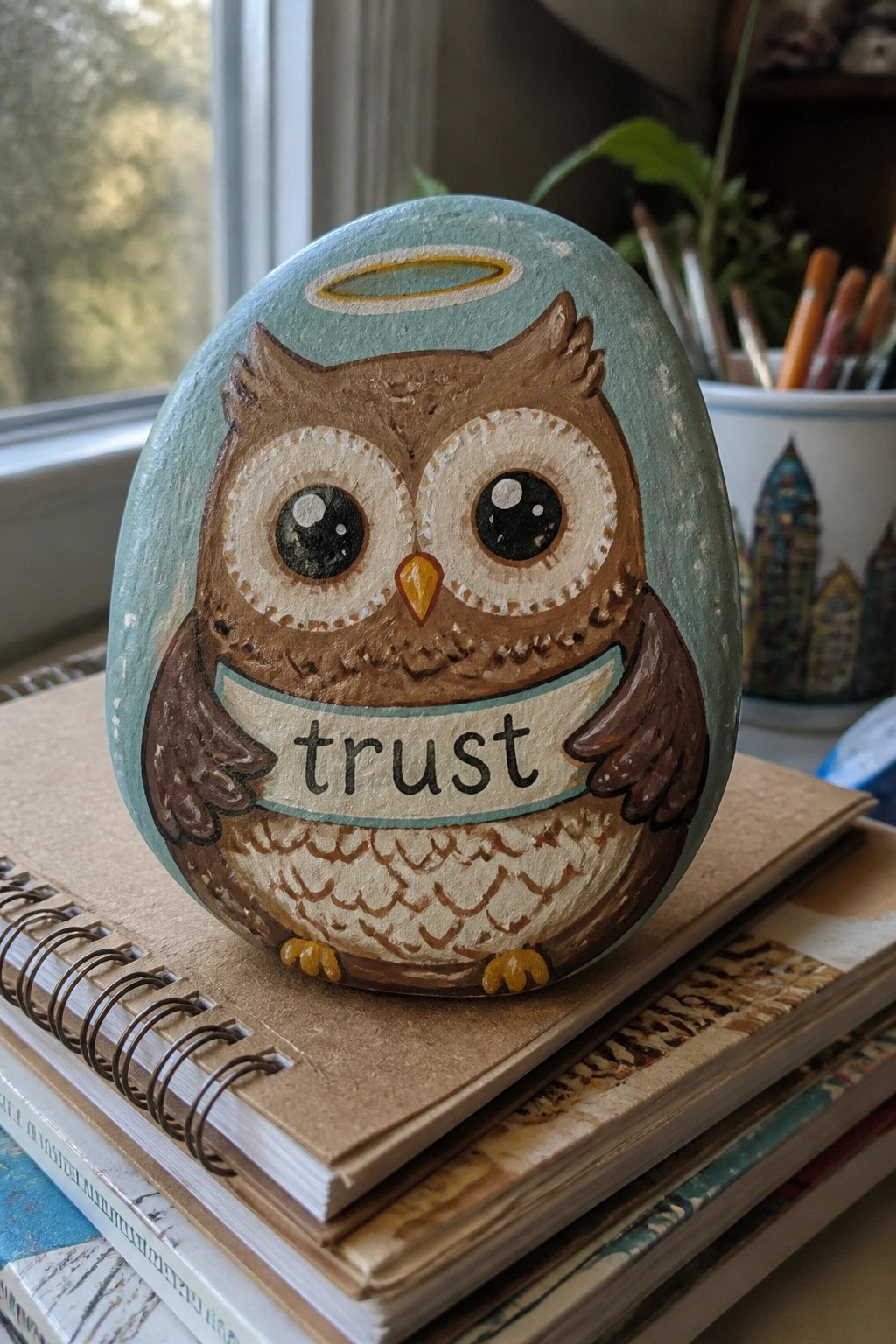 Painted owl rock with halo and trust banner rests on notebooks.