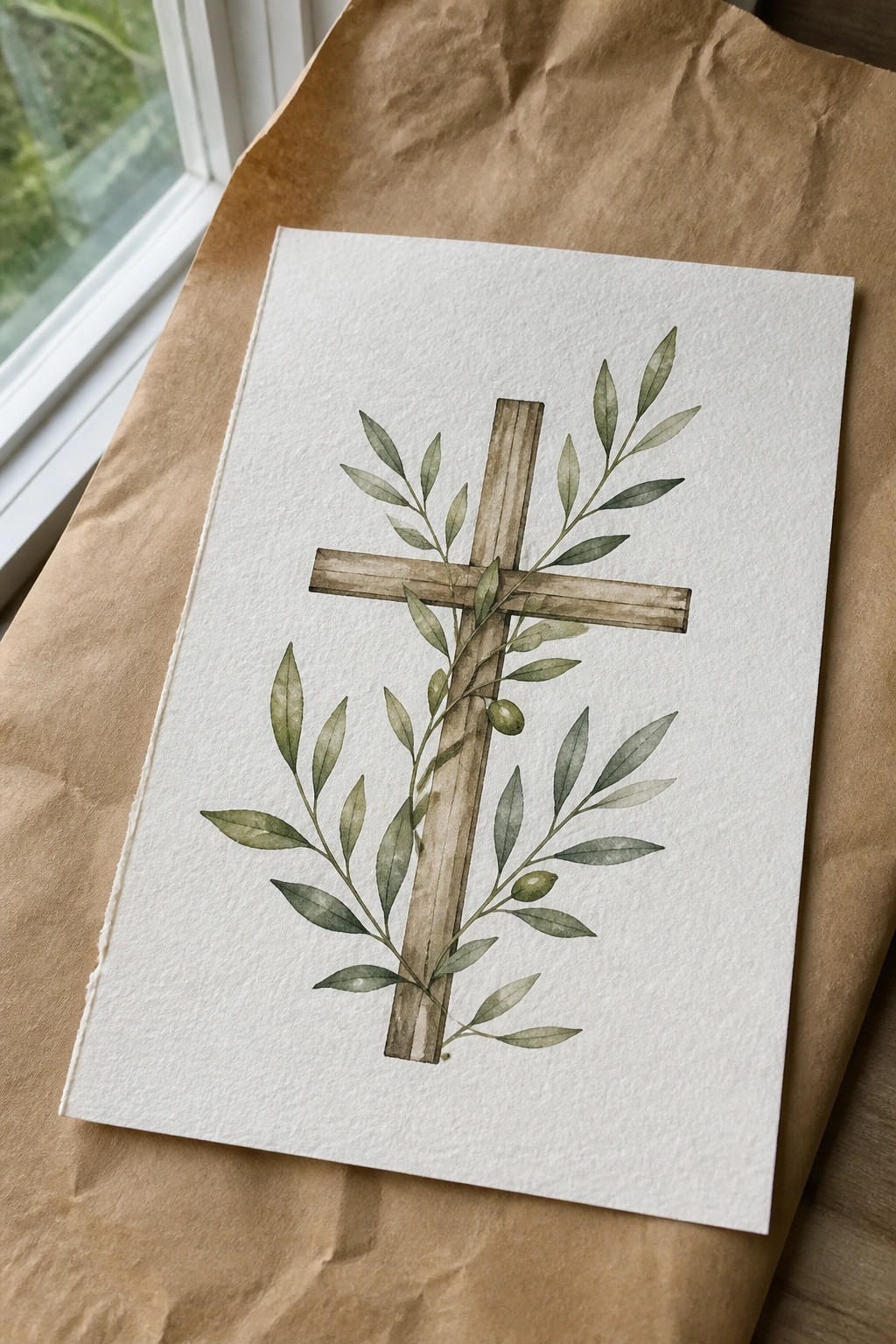 Watercolor wooden cross with green olive branches on white paper over brown kraft paper.