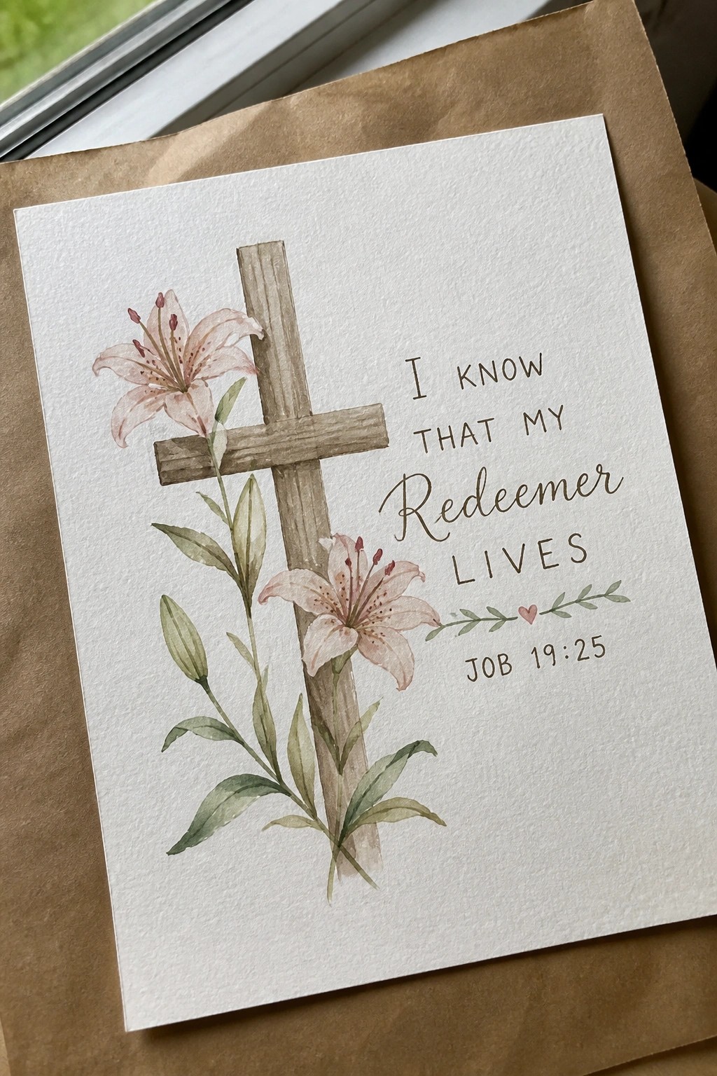 Watercolor card with wooden cross, pink lilies, and