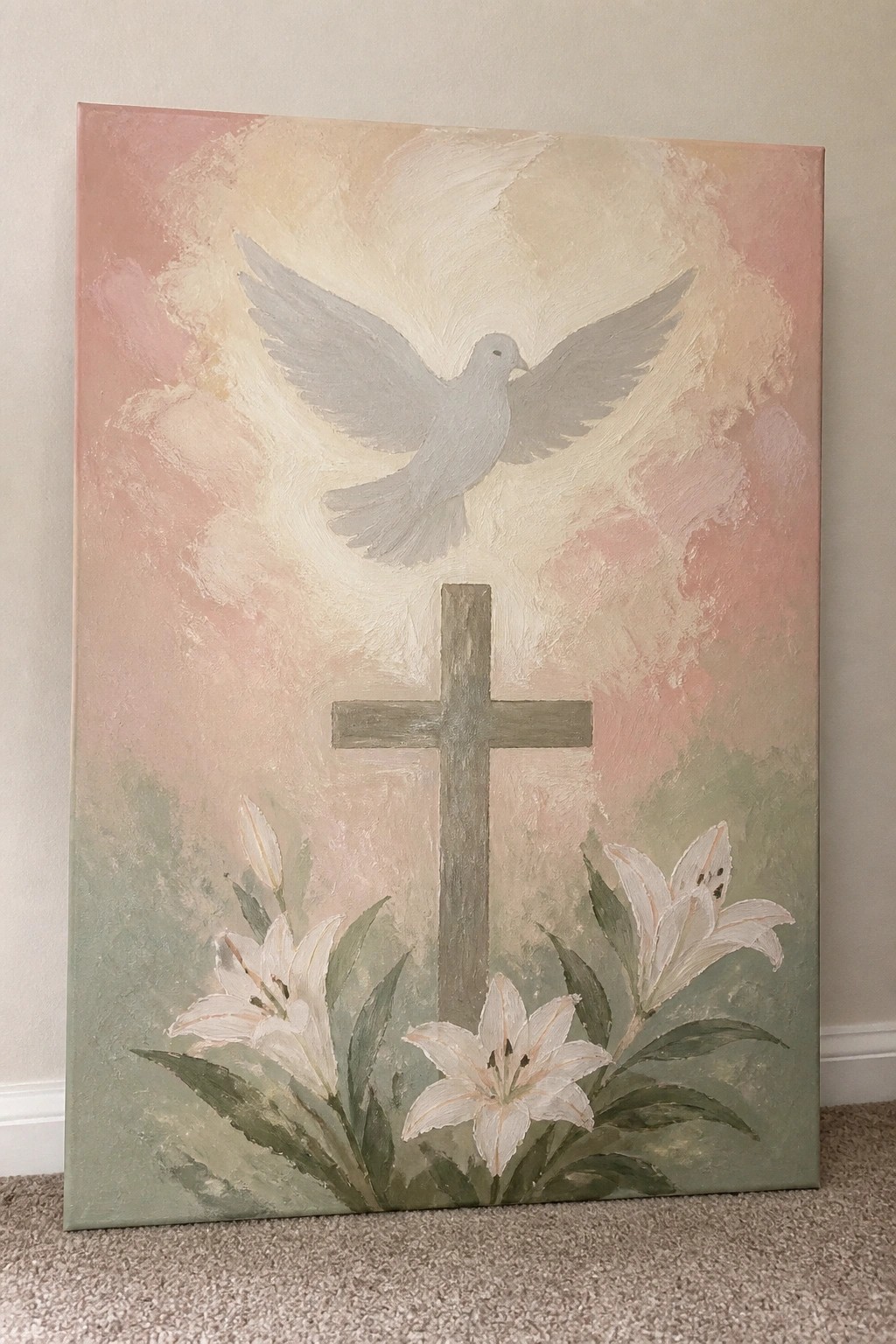 White dove flying above wooden cross with lilies on soft pastel background