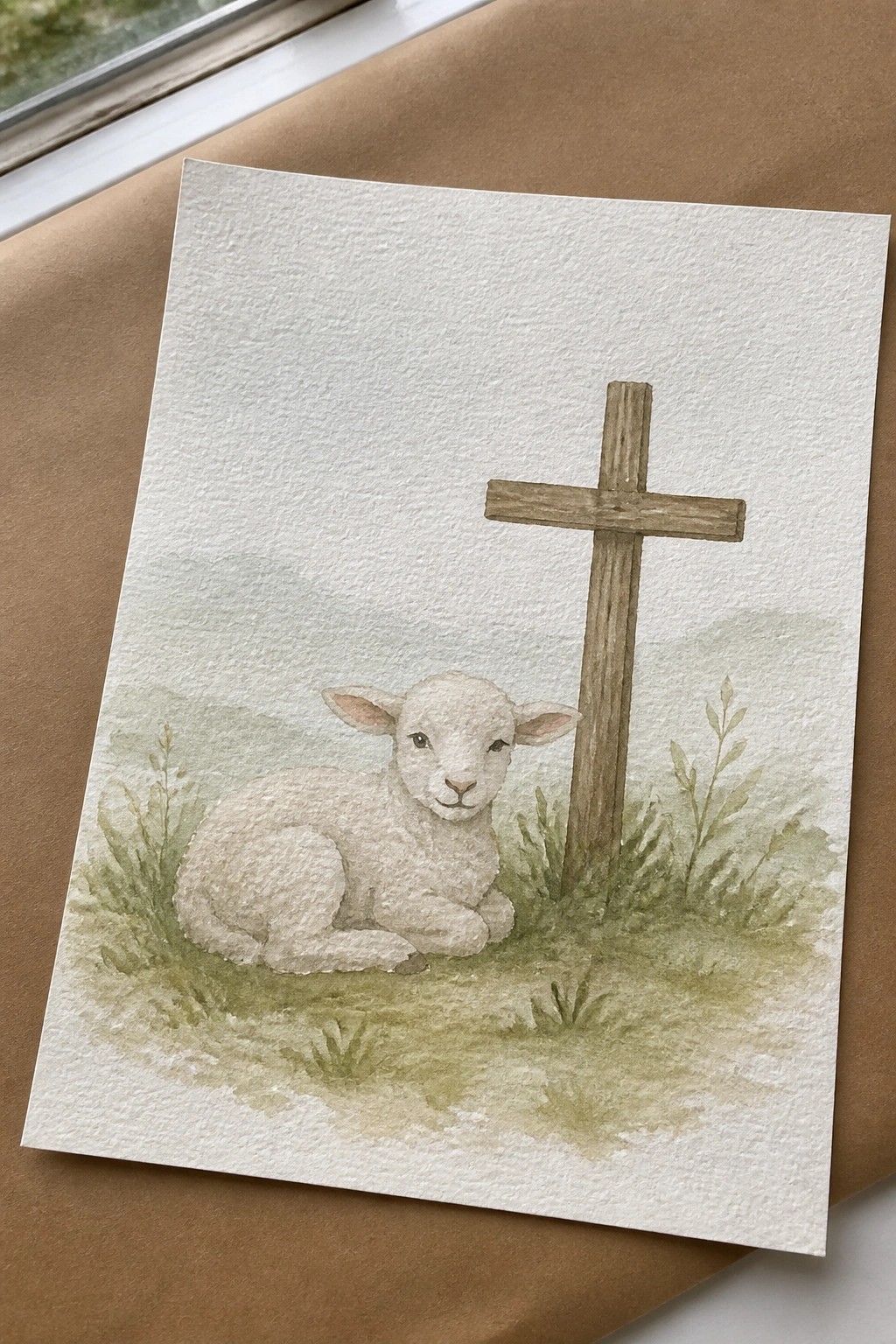 Watercolor of a white lamb resting beside a wooden cross in a grassy meadow.