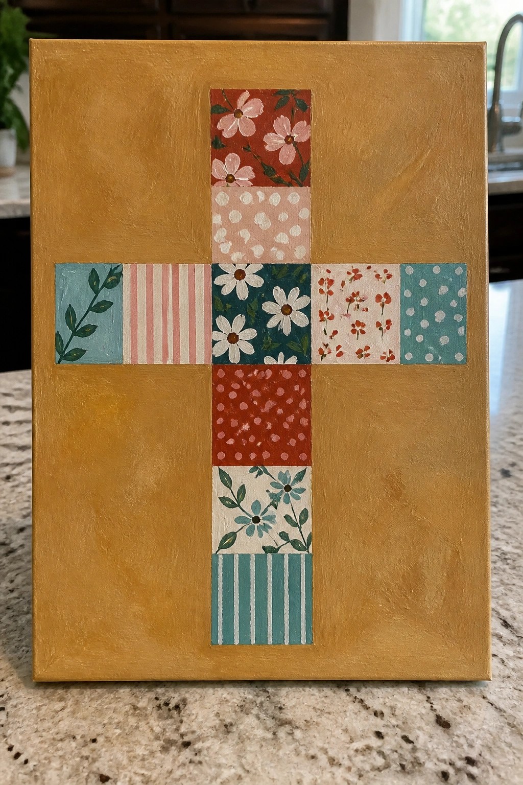 Mustard-yellow canvas with cross of floral, striped, and dotted patchwork squares