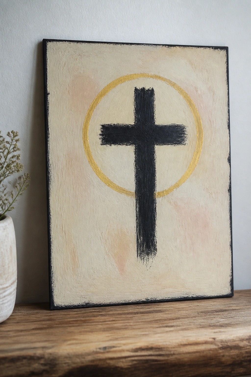 Beige abstract painting with black cross in gold circle, black frame on wooden shelf beside vase.