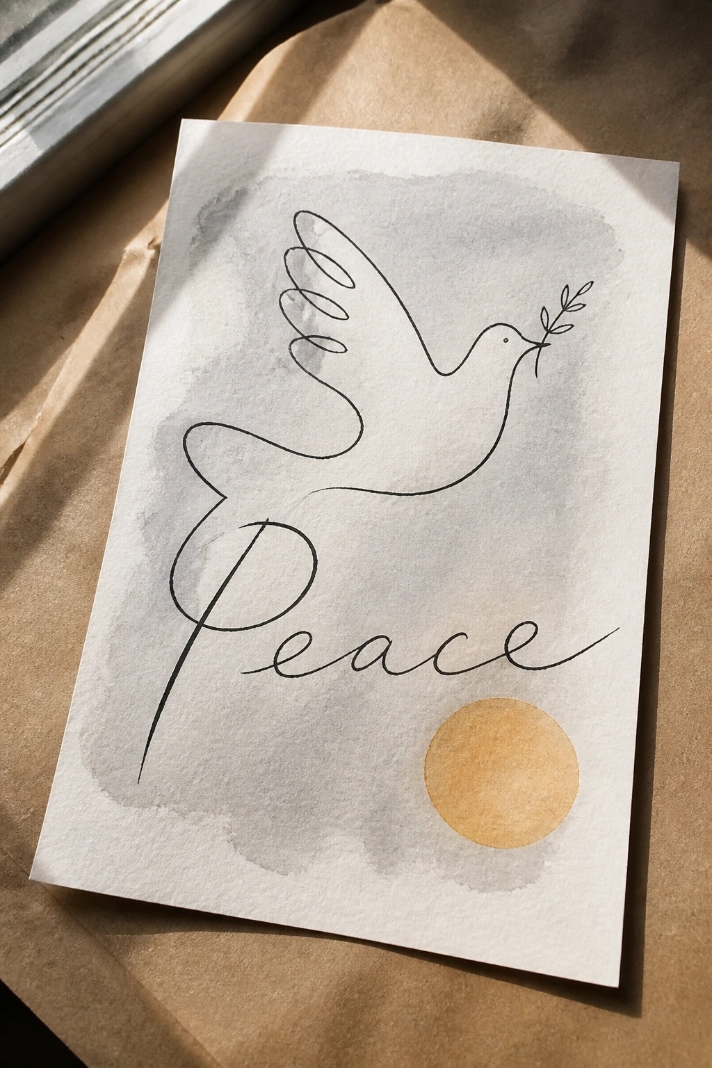 Line-drawn dove with olive branch above 
