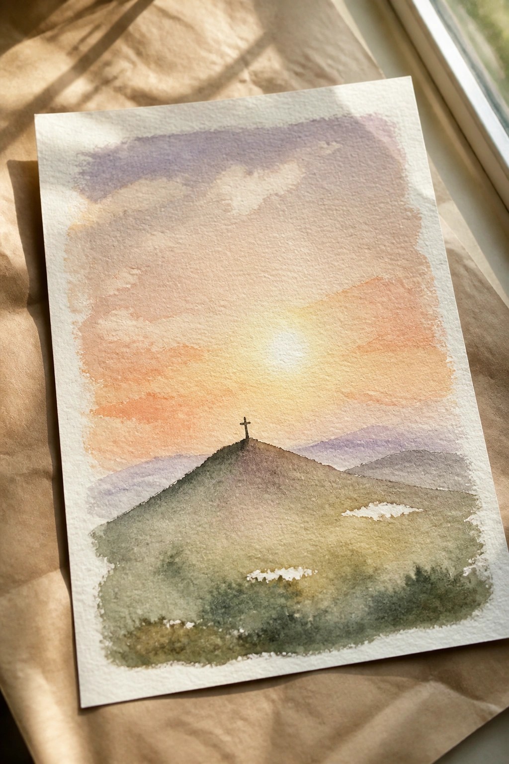 Watercolor painting of cross on hilltop under orange-purple sunset sky with distant hills