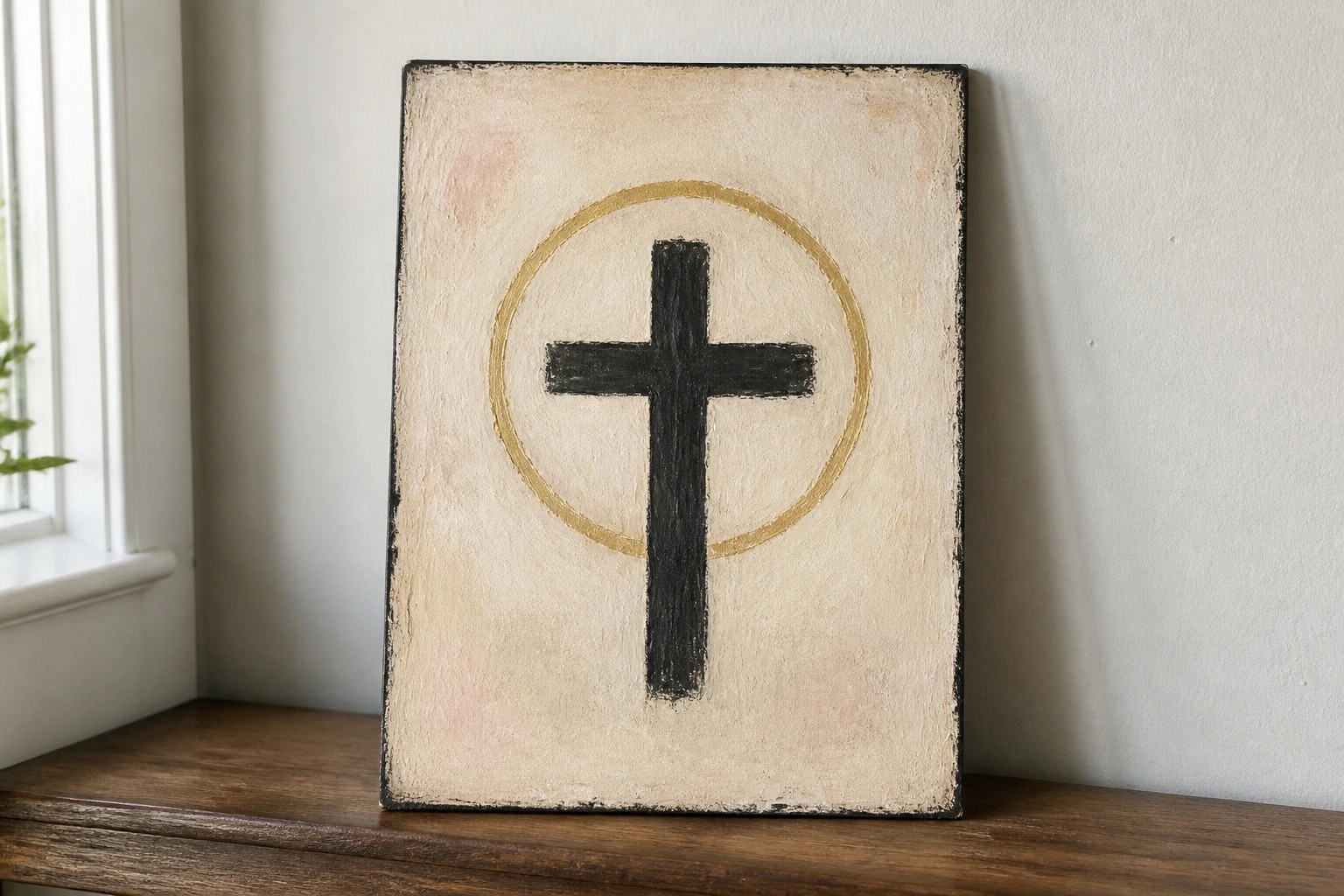 Beige abstract painting with black cross in gold circle, black frame on wooden shelf beside vase.