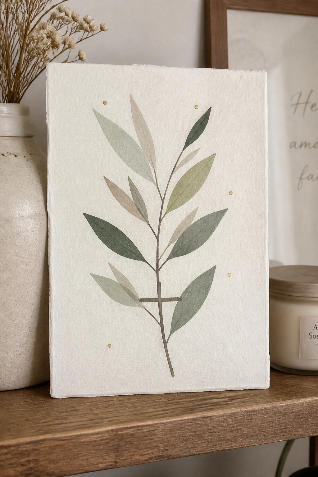 Watercolor branch with muted green leaves and gold dots on textured paper.
