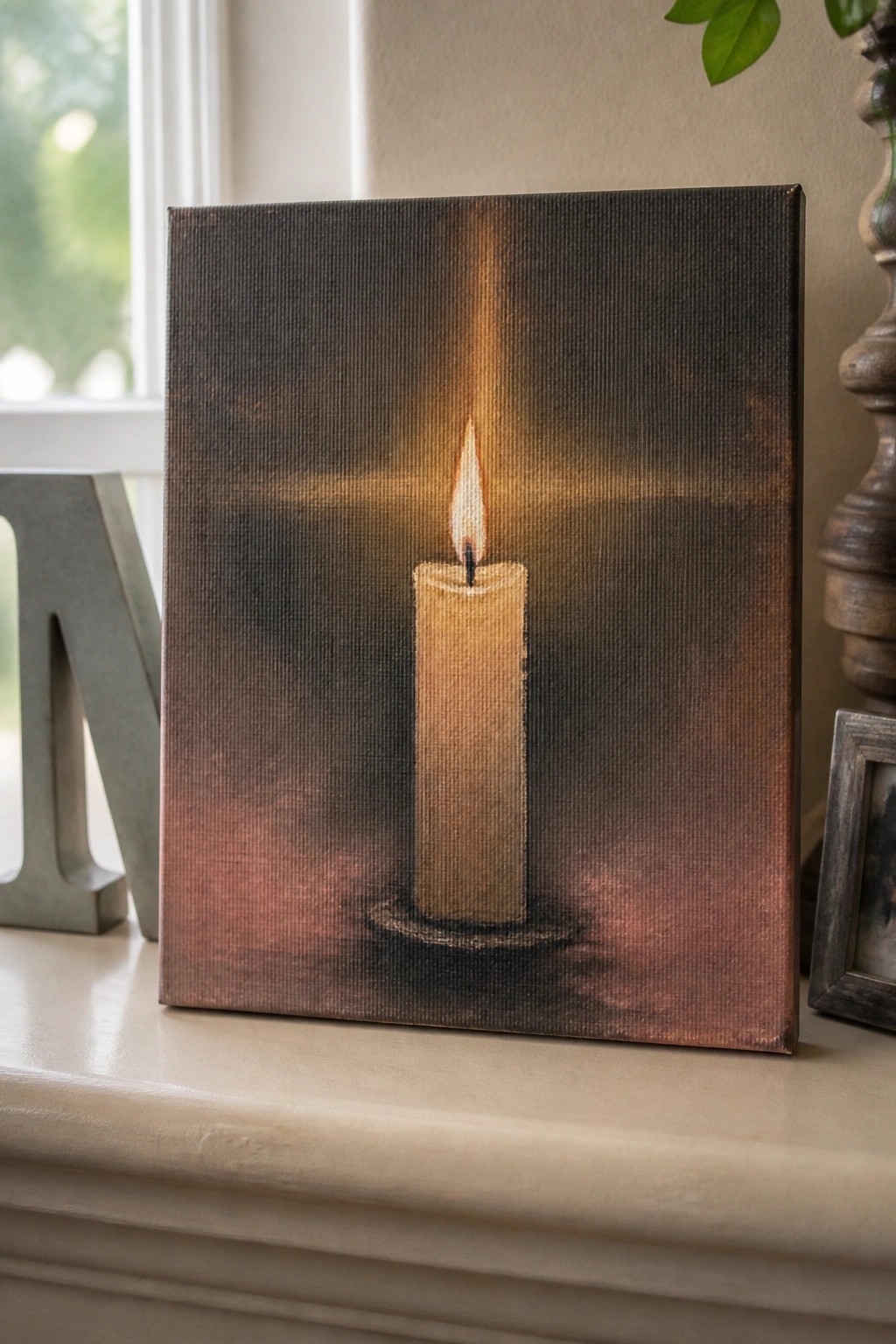 Painting of a lit candle with bright flame against dark textured background
