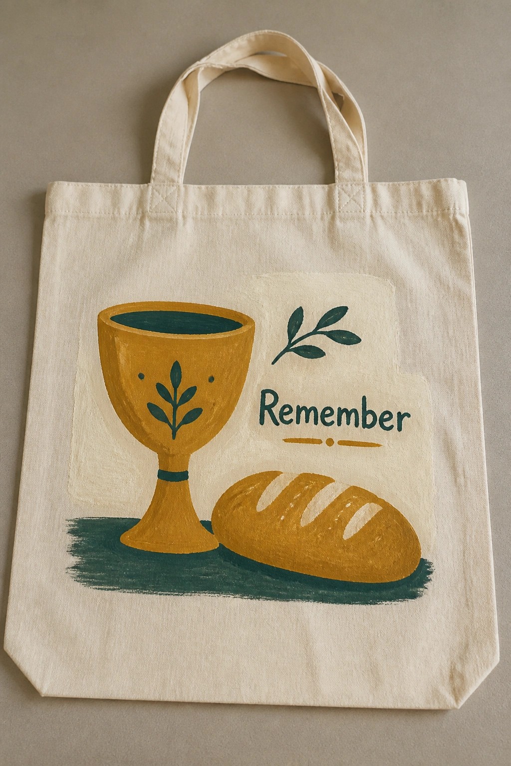 Beige canvas tote bag with painted golden chalice, bread loaf, and 