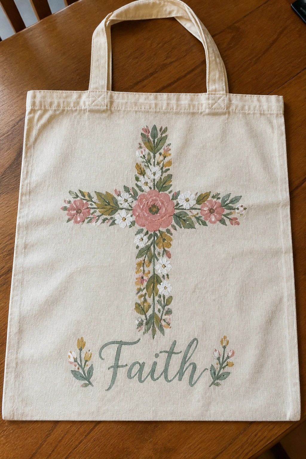 Cream canvas tote bag with floral cross and Faith lettering below